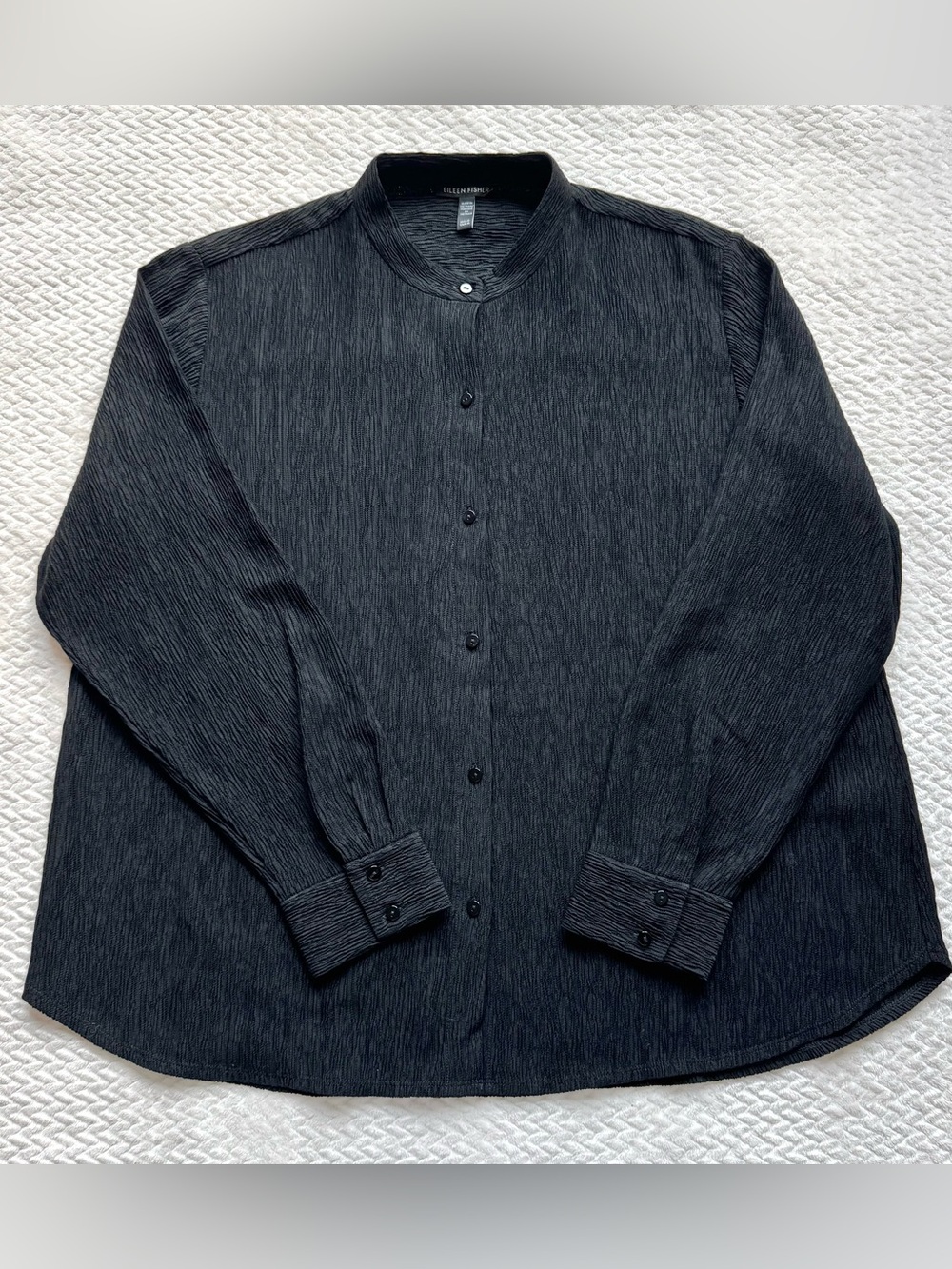 Eileen Fisher Woven Plisse Band Collar Shirt M Black Pleated Button Down Relaxed